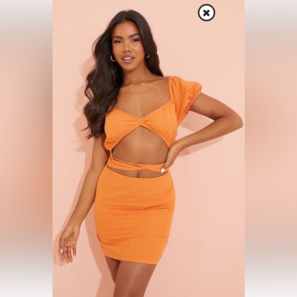 PLT Orange Linen Ruched Tie Cut Out Dress
